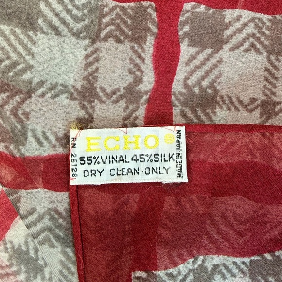 Vintage Echo Red Gray Plaid Geometric Silk Scarf - Picture 4 of 5